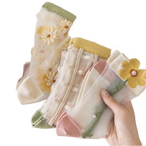 Seamless Stretch Sheer Floral Breathable Crew <b>Womens</b> <b>Socks</b> Taiwan Made Eco-Friendly Spandex/Nylon Autumn Daily Wear - Product Image 1