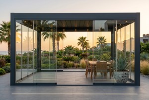 Porte coulissante <span class=keywords><strong>en</strong></span> <span class=keywords><strong>verre</strong></span> sans cadre pour balcon et pergola, fabrication directe d'usine, avec revêtement <span class=keywords><strong>en</strong></span> poudre durable, respectueux de l'environnement, garantie de 3 ans - Product Image 3