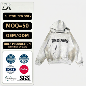Sweat-shirt à capuche personnalisé 380g pour homme, en coton French Terry, coupe oversize et carrée, délavé à l'acide, effet usé et déchiré, style streetwear - Product Image 1