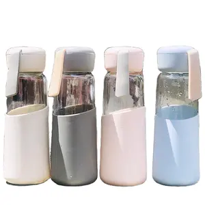 新款潮流玻璃水瓶带硅胶套宽口防摔防滑便携式饮水瓶户外