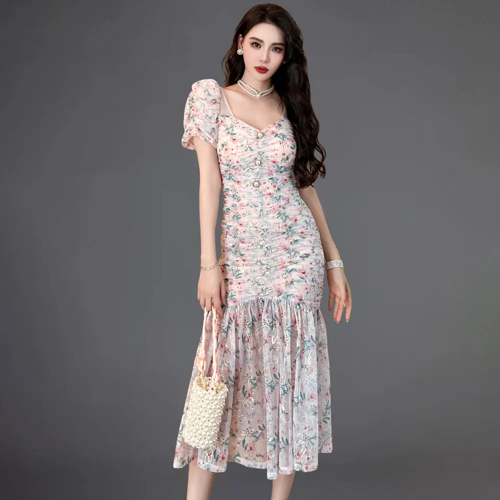 ZYHT 20456 Stock Girls Casual Korean Dresses Waist Slimming Floral Fishtail Hip Dress Puff Sleeve Dress