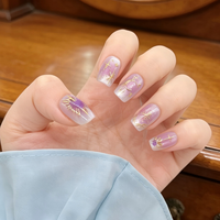 Ongles press-on Lavande Violet Or Éclatant, Courts Carrés Brillants, Réutilisables en Acrylique