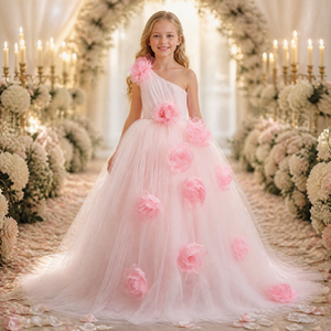 Abito da <span class=keywords><strong>Damigella</strong></span> Elegante per Bambina da Cerimonia Nuziale con Marchio Personalizzato, Monospalla con Fiori 3D alla Moda - Product Image 1