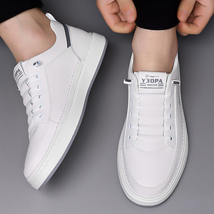 Y3OPA รองเท้าผ้าใบลำลองผู้ชาย หัวกลม หนังวัว พื้นนุ่ม รองเท้าเดิน สีทึบ สไตล์คอร์ท สีขาว - Product Image 3