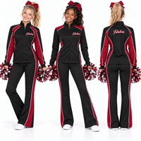 Ensemble d'échauffement noir et bordeaux pour cheerleading, personnalisé, avec veste à col montant entièrement zippée et pantalon évasé, imprimé résistant à la décoloration, pour entraînement d'équipe