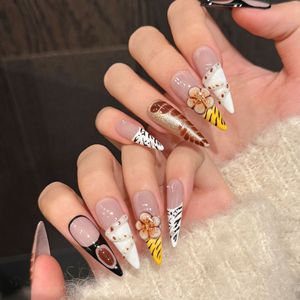 <span class=keywords><strong>Uñas</strong></span> Postizas Stiletto Largas Premium con Estampado Animal Estilo Safari, Diseño Floral en Tonos Tierra 3D con Francesa, <span class=keywords><strong>Uñas</strong></span> <span class=keywords><strong>de</strong></span> Alta Costura Maximalistas y Atrevidas - Product Image 2