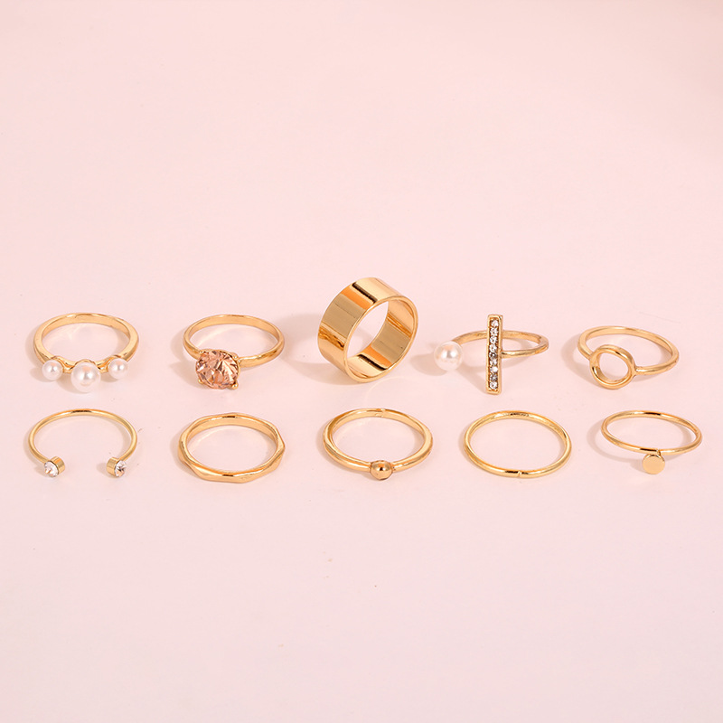 10 шт./компл. полированные кольца с натуральным жемчугом и кристаллами, гладкие геометрические кольца с цирконием и стразами
