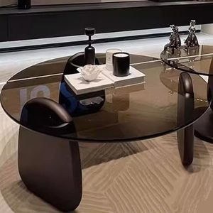 Mesa de centro de vidrio, sala de estar, lujo ligero, apartamento familiar pequeño, mesa con bordes redondos, mesa redonda pequeña minimalista - Product Image 1