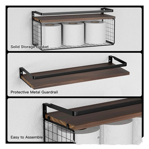 Floating <b>Wall</b> <b>Mounted</b> <b>Shelf</b> Wooden 40cm 2 Tier With Wire Basket For Kitchen Bathroom Living Room Storage - Product Image 2
