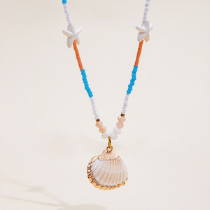 Stainless Steel Seed Bead Shell Pendant Necklace With Starfish Orange Blue Beads Resort Style - Product Image 4