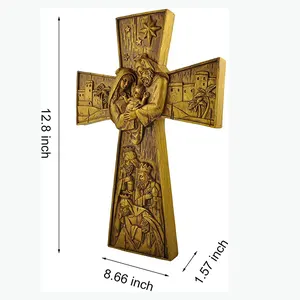 12.88" H Holy Nativity Family Wall Cross-Gold Resin Handmade Craft With Metal Hook On Back Home Decor For Wall Religious Gift