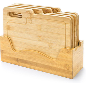 Ensemble de planches à découper en bambou personnalisable de 4 pièces, <span class=keywords><strong>kit</strong></span> de planches à découper en bambou avec support, planche à découper de cuisine avec icônes alimentaires - Product Image 1