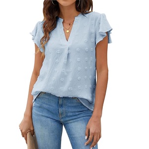 Nueva Blusa de Chifón de Verano con Cuello en V, Plisada, con Manga de Hoja de Loto y Bola de Pelo, Transpirable, de Ajuste Holgado y Color Sólido - Product Image 3