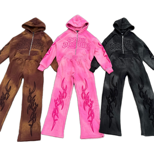 Unisex Fleece <b>Tracksuit</b> Set Hooded Zipper Full Length Embossed Logo Streetwear Winter Wear Solid Color Sweatpants Hoodie Outfit - Product Image 1