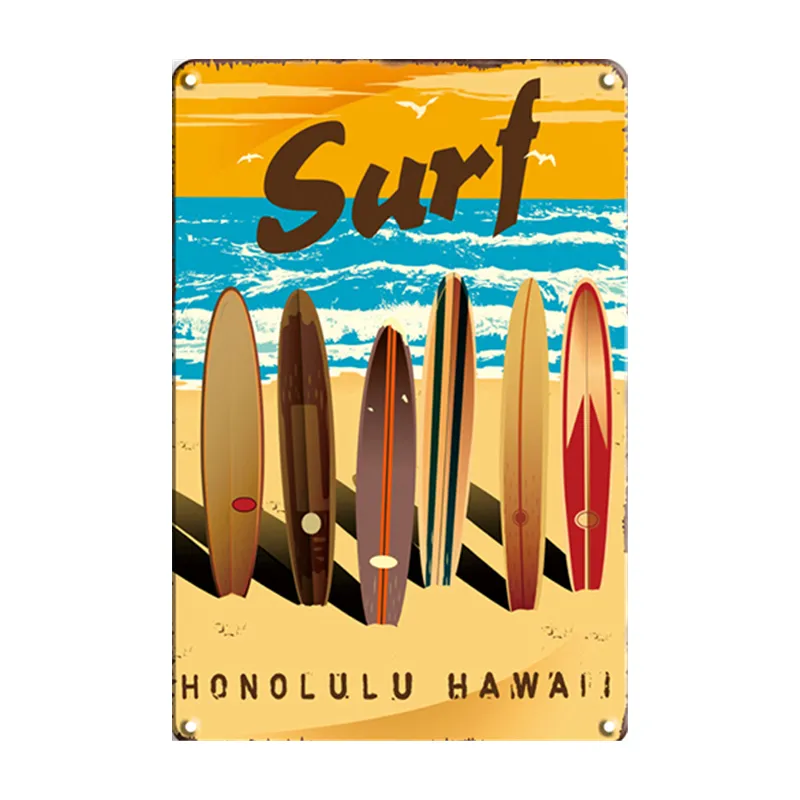 Surf Honolulu Hawaii Tiki Bar Metal Poster Tin Plate Retro Sign Vintage Beach Party Bar Pub Wall Decor Plaque Vacation Surfing