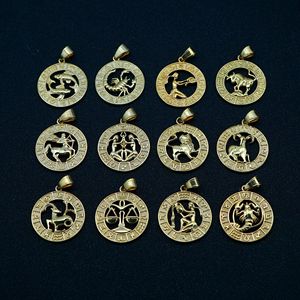 Collar de Moda con Colgante Hueco de Acero Inoxidable Estilo Vintage con Signos del Zodiaco en Relieve <span class=keywords><strong>y</strong></span> Cadena de Bambú para Parejas - Product Image 1