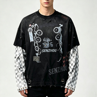 Camiseta de Manga Larga con Estampado Gráfico Personalizado, Corte Cuadrado, Estilo Urbano, Efecto Deslavado al Sol, Lavado Ácido, Doble Capa