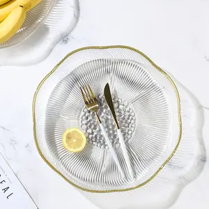 Platos de cena de cristal con borde dorado transparente ecológico sin plomo, ensaladeras de cristal de cocina para cena, boda