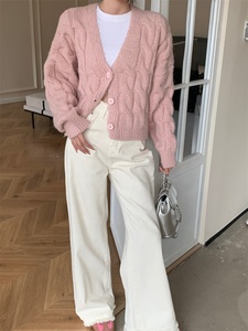 Áo len nữ cổ chữ V ngắn phong cách lười biếng giản dị mùa thu mùa đông dày đan len cardigan nút chiên bột Xoắn - Product Image 6