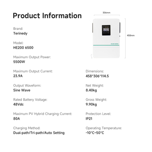 Sistema Solar Híbrido de 3.6kw, 5.5 kW, 6.2kw, 11kw, Onda Sinusoidal Pura de 5.5w, MPPT Monofásico con Pantalla LCD y Batería - Product Image 3