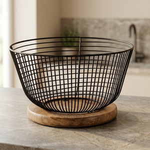 Panier de rangement rond en métal avec base en bois, en treillis métallique, pour cuisine, design minimaliste - Product Image 4