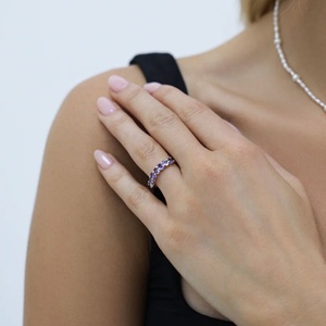Anillo de Boda y Aniversario Personalizado de Plata de Ley 925 con Circonita Ovalada, Media Eternidad, Chapado en Oro de 14K para Mujer - Product Image 4
