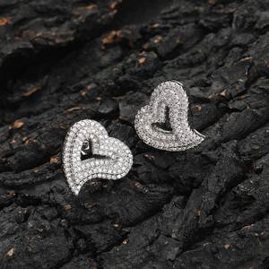 Hip Hop Inspired Modern Sleek Intricately Crafted Zircon Encrusted Hollow Heart Shaped <b>Stud</b> Earrings - Product Image 6