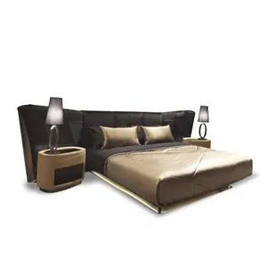 Kf Casa Solid Wood Frame Bed With Night Stands And Cushion Headboard Double Black King Size Post Modern Genuine Leather Bed