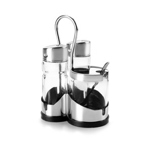 Set di saliera e pepiera con barattolo per senape, supporto in acciaio inossidabile, set di 3 pezzi per condimenti, per uso da tavola - Product Image 1