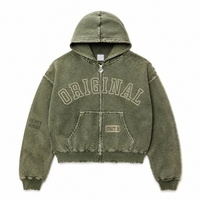 Sweat à capuche zippé personnalisé délavé à l'acide, en molleton épais 400 GSM, coupe courte et carrée pour homme, style vintage délavé au soleil, streetwear, logo personnalisé OEM