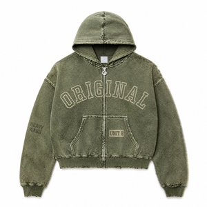 Felpa con Zip Personalizzata Effetto Acid Wash, Tessuto French Terry Pesante 400GSM, Modello Corto e Squadrato da <span class=keywords><strong>Uomo</strong></span>, Stile Vintage Sbiadito, Streetwear con Logo Personalizzato OEM - Product Image 2