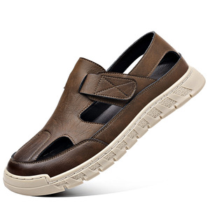 Men's Leather Sandals Flat Velcro Closure Breathable Hollow-out Design Slip-on Driving Shoes Black Brown Size 315 - Product Image 4