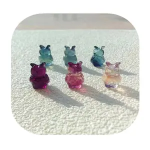 Mini cristales de alta calidad, artesanías, tallado de piedras preciosas, estatuilla de búhos de fluorita arcoíris para regalo