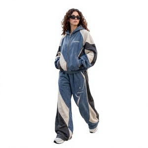 Women's Fleece Tracksuit Set <b>Zip</b> <b>Hooded</b> Jacket Wide Leg Pants Casual Streetwear Two Piece Outfit Activewear Fashion - Product Image 1