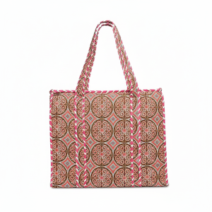 Handmade Large <b>Quilted</b> Cotton <b>Tote</b> <b>Bag</b> Red Mandala Vintage Floral Design Eco-Friendly Zipper Customizable for Lady's Grocery - Product Image 1