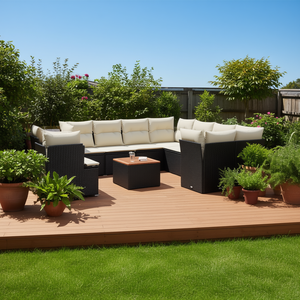 Conjunto de Sofás de Jardín de Ratán Sintético Negro de 9 Piezas con Cojines, Muebles de Patio para Exteriores, Diseño Moderno y Contemporáneo - Product Image 2