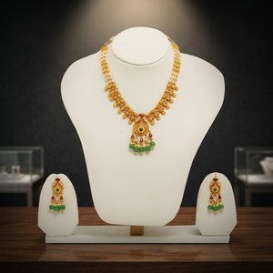 22K Gold Kundan Temple <b>Necklace</b> Set with <b>Ruby</b> Emerald Stones Pearl Beads and Matching Earrings for Indian Bridal Wedding Jewelry - Product Image 5