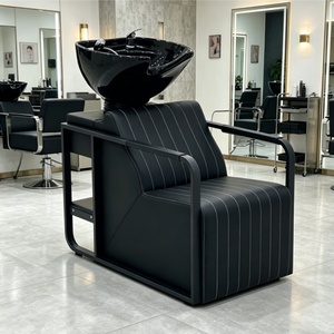 Sillón de Peluquería Moderno de Cuero PU Negro con Lavabo de Cerámica para Salón - Product Image 1