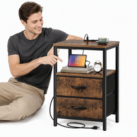 Table de chevet industrielle style ferme avec ports de charge USB, 2 tiroirs, en bois brun rustique et structure en métal noir, vente en gros