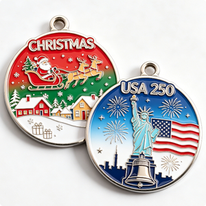 Medalla de Navidad con Trineo de Papá Noel y Estatua de la Libertad de EE. UU. 250, Colgante Esmaltado Circular de Aleación de Zinc Bañado en Plata - Product Image 6