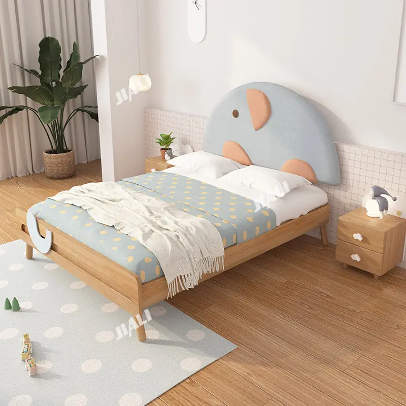 Lit simple moderne avec cadre en bois de couleur, lit pour enfants, lit simple avec éléphant pour chambre à coucher