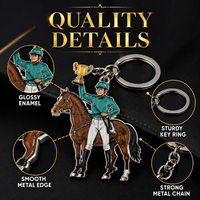Porte-clés en métal personnalisé avec jockey et trophée, souvenir de course hippique, porte-clés avec logo personnalisé, cadeau pour événement équestre, promotion de festival