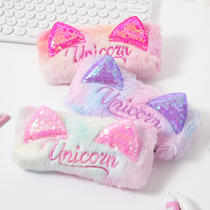 Astuccio in peluche con orecchie di gatto alla moda e paillettes, borsa porta cancelleria di grande capacità, astuccio per ragazze, regalo - Product Image 1