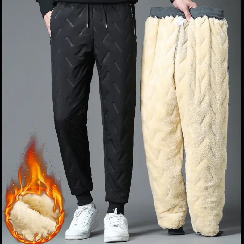 WK-P1001 Winter Zip Pockets Thicken Fleece Sweatpants Men Joggers Down Cotton Warm Pants Male Water Proof Thermal Trousers