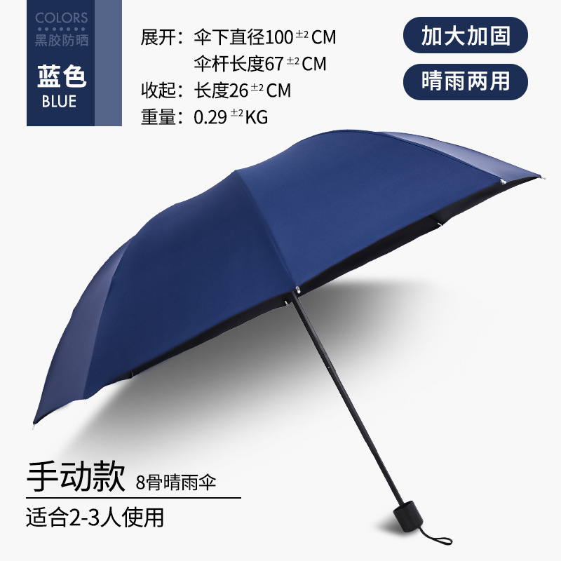 Parapluie extra-large en vinyle noir à 8 os, modèle manuel bleu marine