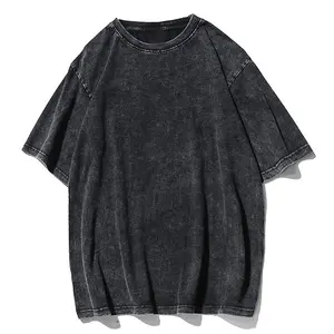 OEM özel toptan ağır 100% pamuklu erkek tişörtü yaz moda düz renk yuvarlak boyun erkek Vintage asit yıkama T-shirt
