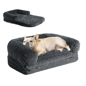 Поставщики успокаивающий черный короткий плюшевый ортопедический диван-кровать для собак устойчивый к жеванию прямоугольник складной кровать для домашних животных среднего размера