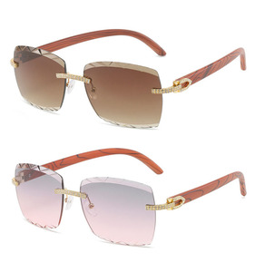 Vintage Fashion Diamond Rimless <b>Sunglasses</b> Luxury Wood Color Small Women Shade <b>Sunglasses</b> 2022 - Product Image 1