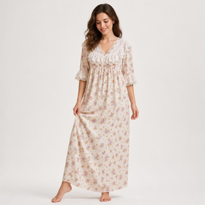 Chemise de nuit à imprimé floral pour femmes, longueur complète, manches trois quarts, col à volants, vêtements de nuit en coton doux, Style romantique - Product Image 1