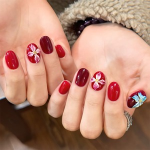 JL0676 <span class=keywords><strong>Faux</strong></span> <span class=keywords><strong>ongles</strong></span> courts ovales <span class=keywords><strong>bordeaux</strong></span> avec fleurs 3D, <span class=keywords><strong>ongles</strong></span> artificiels, personnalisation OEM ODM - Product Image 1